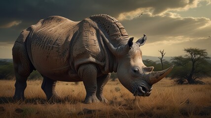 Fototapeta premium a Greater One-horned Rhinoceros, standing tall in a lush, green forest. Its thick, gray skin, prominent horn, and powerful build are captured in stunning detail.