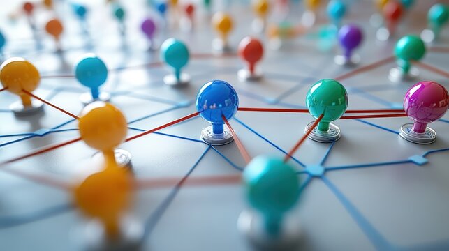Colorful pins connected by strings on a white surface, showcasing a network of relationships and connections