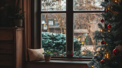 A window decorated for Christmas