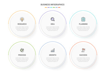 6 clean infographic design shaped elements template, symbolizing the six stages of business strategy and progression. Progress bar or timeline. Vector for presentation, web site or app.