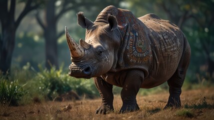 Fototapeta premium a Greater One-horned Rhinoceros, standing tall in a lush, green forest. Its thick, gray skin, prominent horn, and powerful build are captured in stunning detail.