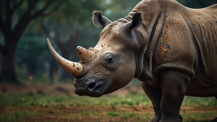 Fototapeta premium a Greater One-horned Rhinoceros, standing tall in a lush, green forest. Its thick, gray skin, prominent horn, and powerful build are captured in stunning detail.