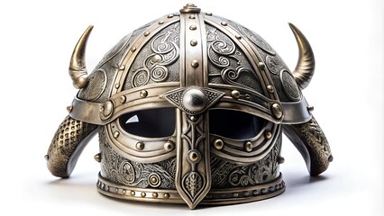 A metal Viking helmet with intricate designs on a white background.