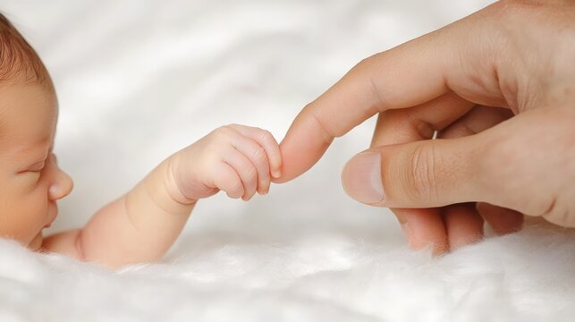 A newborn baby's tiny hand reaching out to grasp an adult's finger in a cozy setting
