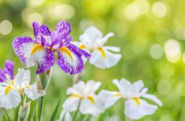 美しい紫と白の花が咲く庭の中で、柔らかな緑の背景を背にした春の日差し
