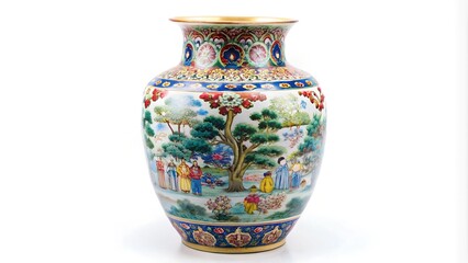 Porcelain vase with traditional Chinese ornament on a white background.