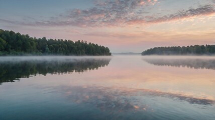 Fototapeta premium Serene morning at the tranquil lake with mist rising amid lush trees and soft pastel skies in early dawn light