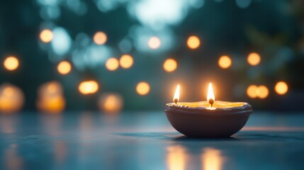 Glowing candles in a tranquil setting with blurred lights in the background