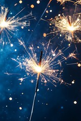 New Year 2025 celebration banner with fireworks and sparklers lighting up a dark blue night sky.