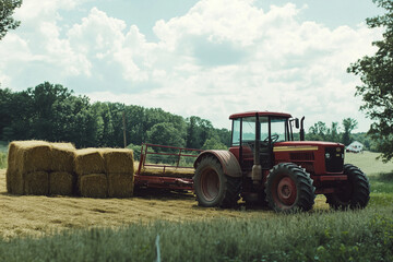 Obraz premium Rustic Tractor with Hay Bales at Farm During Summer Harvest Festival - Rural Tradition