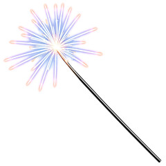 Blue sparkler with black metal wand on transparent background