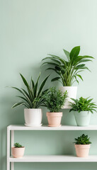 green potted plants on a white shelf against a pastel background, minimal decor, fresh look