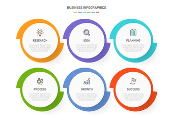 6 clean infographic design shaped elements template, symbolizing the six stages of business strategy and progression. Progress bar or timeline. Vector for presentation, web site or app.
