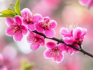 Obraz premium 春の訪れを告げるピンクの桃の花が咲き誇る風景、穏やかな日差しの中での光景