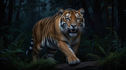 a tiger, its powerful build and piercing eyes capturing the essence of a predator. The tiger's open mouth reveals its sharp teeth, emphasizing its strength and ferocity.