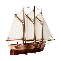 A detailed wooden model of a sailboat with three sails, a red hull, and a wooden deck.