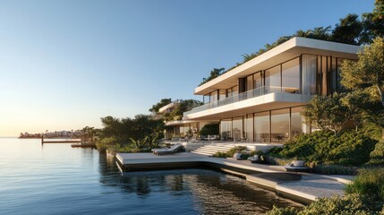 Obraz premium A modern waterfront house with a large deck and pool.