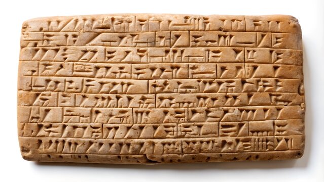  Clay tablet with cuneiform writing from Mesopotamia, on a white background.