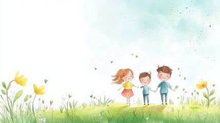 A joyful illustration of two children holding hands in a vibrant, flower-filled meadow, embodying friendship and innocence.