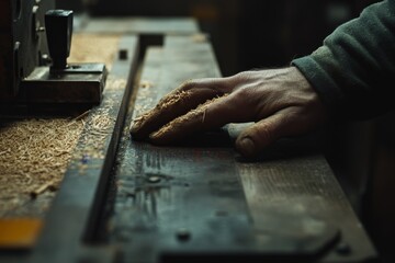 Carpenter touching wooden plank in workshop