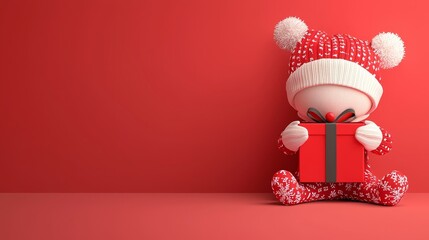 Chubby child in festive pajamas joyfully opens christmas present under bright red background