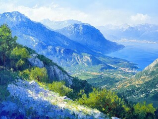 Obraz premium A scenic view of a valley with mountains and a body of water in the distance.