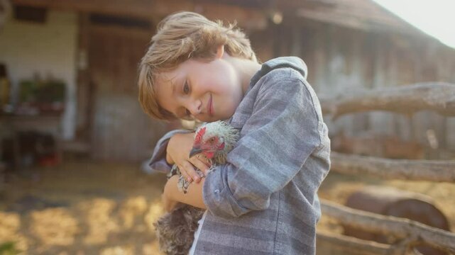 Cute Caucasian kid playing with animal on farm. Boy with long blond hair. Holding chicken with moth hands. Hugging with new friend. Getting familiar with life in village. Loving moment.