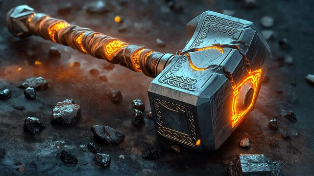Glowing hammer with intricate designs among rocks, symbolizing power and mythology