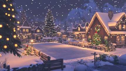 A charming village ice skating rink surrounded by quaint houses and festive lights.