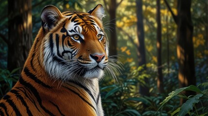 Obraz premium a tiger, its piercing eyes and powerful build capturing the essence of a true predator. The tiger's vibrant orange and black stripes stand out against the lush green foliage of the forest.