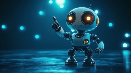 A small, friendly robot character with glowing eyes, pointing in a futuristic setting.