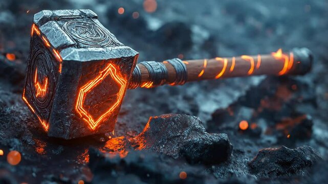 Glowing hammer with intricate designs among rocks, symbolizing power and mythology