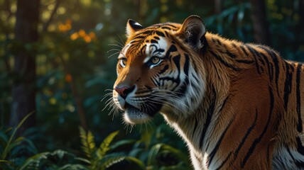 a tiger, its piercing eyes and powerful build capturing the essence of a true predator. The tiger's vibrant orange and black stripes stand out against the lush green foliage of the forest.