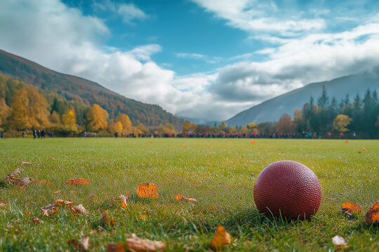 Shinty Ball on Highland Field During Cultural Sports Fest – Traditional Autumn Sports