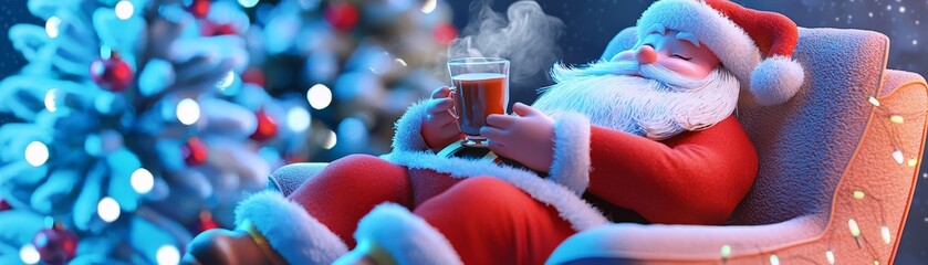 Chubby santa relaxes in a cozy chair while enjoying hot cocoa amidst a festive atmosphere