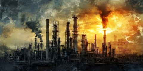 Obraz premium Industrial plant releasing smoke and pollution into the atmosphere