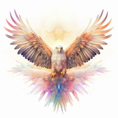 Obraz premium Majestic eagle with outstretched wings in vibrant pastel colors, symbolizing strength and freedom, with a mirrored, ethereal abstract background