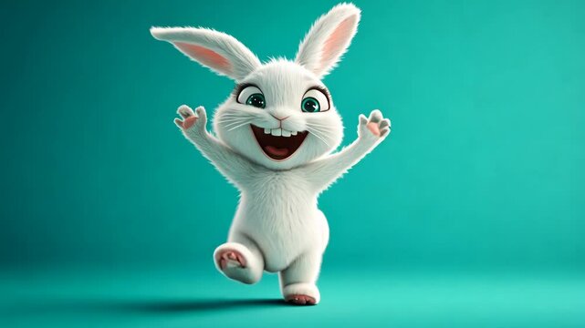 A white bunny with large eyes and a wide grin is hopping in front of a teal background