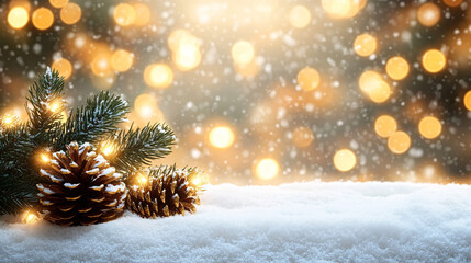 A cozy Christmas scene showcasing an evergreen branch with golden pinecones, perfect for holiday greetings or seasonal decor. Ideal for Christmas card designs.