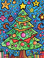 Naklejka premium Create a joyful doodle hand-drawn christmas background featuring a colorful christmas tree