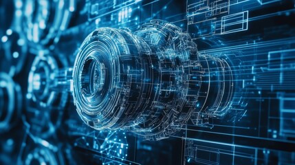 Naklejka premium A highly detailed, digital depiction of a futuristic lens, with intricate blue circuitry design, representing technology and innovation in optics.