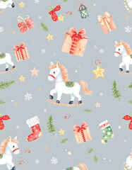 Naklejka premium Watercolor seamless winter pattern with Christmas elements. Cute toy horse, gifts, skates, stars, lantern, fir, leaves, socks. Watercolor illustration for wrapping paper, textile, decoration, digita