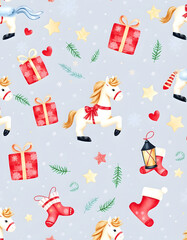 Watercolor seamless winter pattern with Christmas elements. Cute toy horse, gifts, skates, stars, lantern, fir, leaves, socks. Watercolor illustration for wrapping paper, textile, decoration, clipar