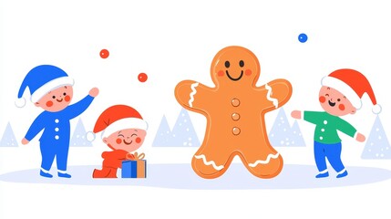 Fototapeta premium Kids and elf joyfully make silly faces at a cheerful gingerbread man during the holiday season