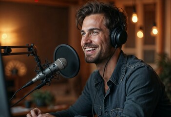 Microphone, podcast and man speaker in his living room. Creative streamer, internet influencer or online content creator live streaming for audience