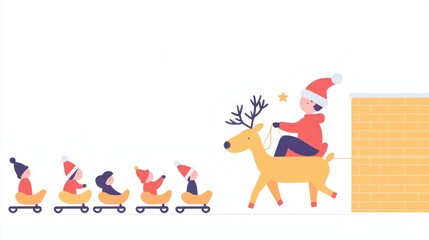 Fototapeta premium Joyful elf rides a toy reindeer while kids follow in tiny sleighs for holiday fun
