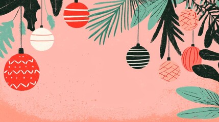 Create a festive christmas background with unique ornaments and lush greenery for holiday cheer