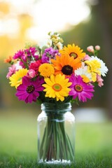 Fototapeta premium Vibrant bouquet of colorful flowers in a glass jar on a grassy background
