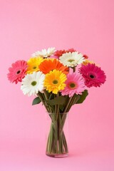 Vibrant bouquet of colorful gerbera daisies in a glass vase against a pink background