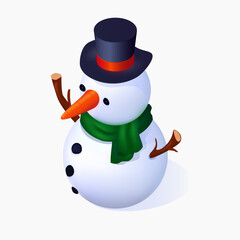 Isometric Vector Icon of Snowman with Green Scarf and Cylinder Hat